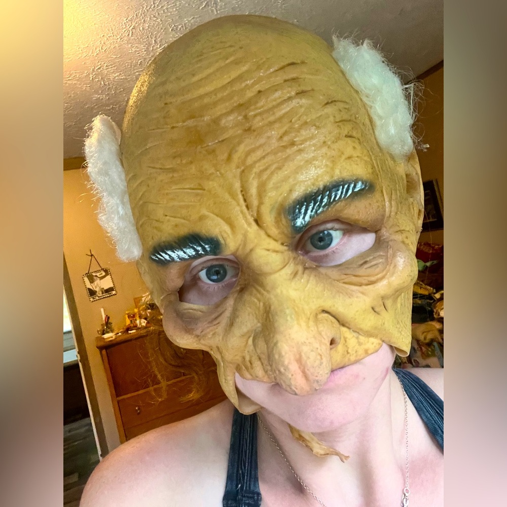 Old balding scary man white hair Halloween theater mask trick or treat costume
